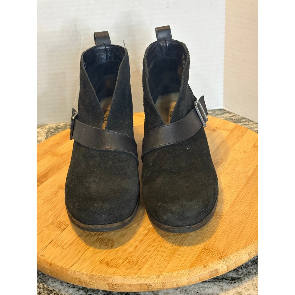 UGG Black Suede Ankle Booties with Leather Strap